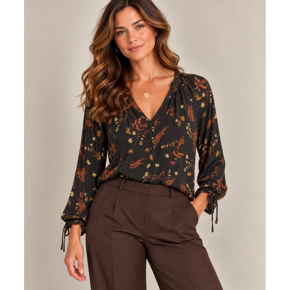 POINT SUR Black Brown Fall Floral Print V Neck Long Sleeve Top, M